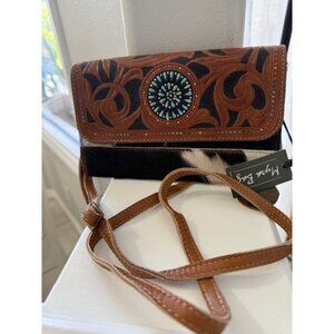 Myra Bag Prism Crossbody Clutch Shoulder Tooled Leather Hair On Cowhide Turqouis